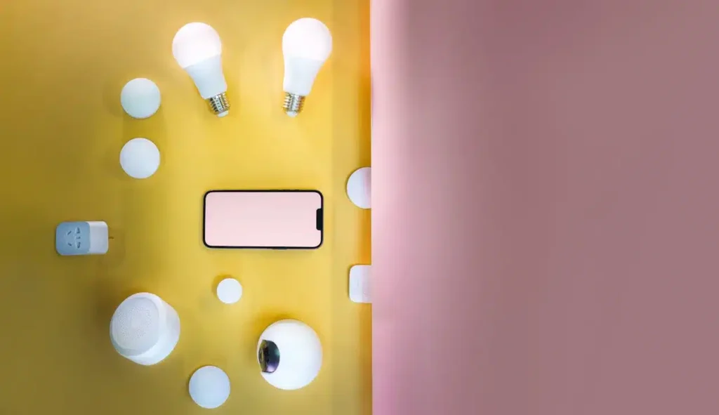 Imagem de um smartphone no centro de um painel de paredes coloridas, com dispositivos smart home ao seu redor. Representa a ideia de Internet das Coisas (IoT), que é uma rede de dispositivos conectados que se comunicam e interagem para melhorar a vida dos usuários.