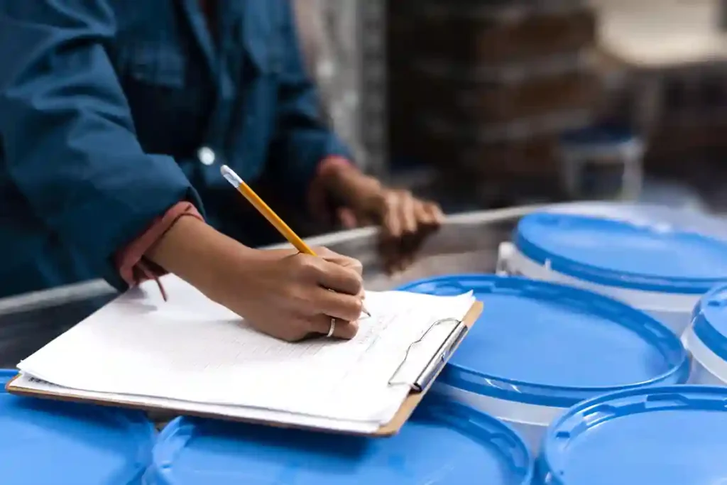 Pessoa anotando em um caderno, com recipientes azuis ao seu redor, em um ambiente de armazém ou fábrica. Representa a gestão de fornecedores e a melhoria da logística, como discutido no artigo "Passo a passo para gerir fornecedores e melhorar a logística".
