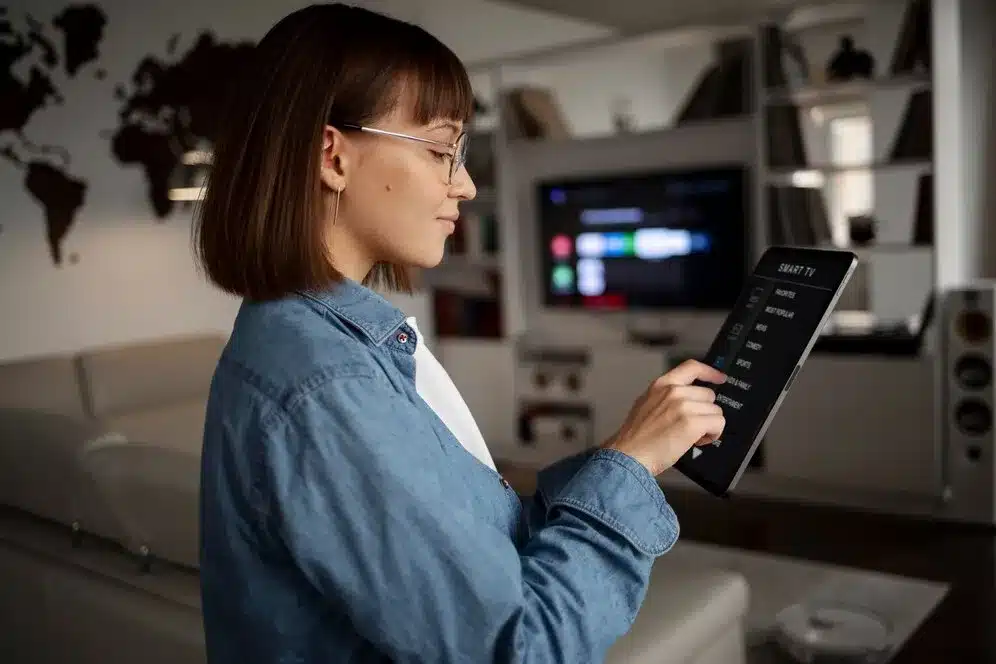 A imagem mostra uma mulher em um ambiente de casa, segurando um dispositivo de "smart TV" e olhando para a tela do aparelho. Ela está vestindo um blusa jeans e parece estar interagindo com o sistema de entretenimento ou controle remoto, o que sugere a utilização de tecnologia para melhorar a experiência de uso em casa. No contexto do artigo "Experiência phygital na prática: saiba como implementar no varejo", a imagem pode representar a integração da tecnologia digital (phygital) na vida cotidiana, especialmente no contexto do varejo.