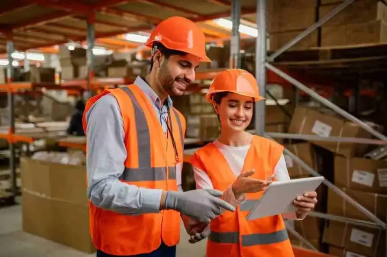 A imagem mostra dois trabalhadores de uma loja de varejo ou depósito usando coletes de segurança e capacetes. Eles estão olhando para um tablet, o que sugere que estão interagindo com alguma tecnologia para gerenciamento industrial. A situação ilustra a importância de ferramentas digitais na gestão eficaz de um ambiente de trabalho industrial, como o gerenciamento de estoque, controle de qualidade, logística e planejamento de produção.
