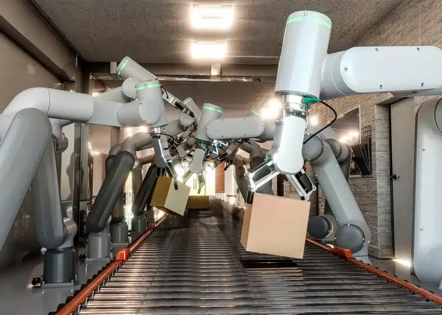 A imagem mostra uma linha de montagem automatizada com robôs industriais. Esses robôs estão carregando caixas em uma esteira de transporte, demonstrando a eficiência e a precisão que a automação industrial pode trazer para o processo de produção. A automação industrial é uma ferramenta poderosa para potencializar resultados ao aumentar a velocidade, a precisão e a consistência do trabalho, além de reduzir o custo e o risco de acidentes no ambiente de trabalho. A adoção de robôs e sistemas automatizados pode levar a uma melhoria significativa na produtividade e na qualidade dos produtos, permitindo que as empresas conciliem a escalabilidade com a excelência operacional.