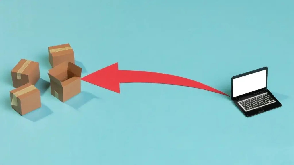 A imagem ilustra a ideia de integração de canais de comércio eletrônico, com uma seta apontando de caixas para um laptop, simbolizando o fluxo de produtos e informações entre o varejo e o e-commerce. No contexto do artigo, isso reflete a importância da arquitetura omnichannel, que permite uma experiência de compra consistente e integrada aos clientes, independentemente do canal utilizado.