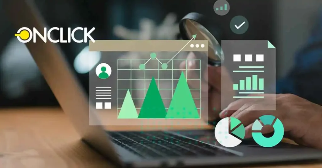 Pessoa usando notebook com gráficos de crescimento, ícones de análise de dados e métricas sobrepostos na tela. Logo "ONCLICK" no canto superior esquerdo. Conceito visual de business intelligence, gestão de negócios online e tomada de decisão baseada em dados.