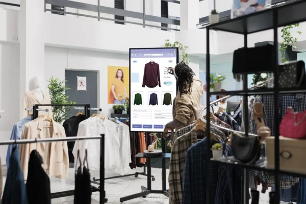 Homem com dreadlocks interage com um totem digital interativo em uma loja de roupas moderna. A tela exibe um catálogo de camisas masculinas com opções de cores e botão de compra. Ao redor, araras com roupas e prateleiras de acessórios em um ambiente de loja física conceito.