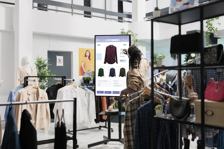 Homem com dreadlocks interage com um totem digital interativo em uma loja de roupas moderna. A tela exibe um catálogo de camisas masculinas com opções de cores e botão de compra. Ao redor, araras com roupas e prateleiras de acessórios em um ambiente de loja física conceito.