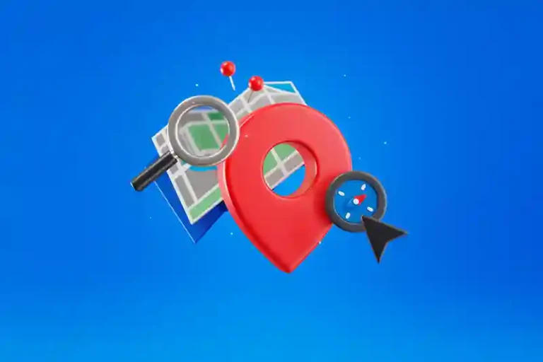 Incluí termos cruciais de descoberta para 2026 como "motores de resposta de IA", "ChatGPT e Gemini" e "buscas locais", garantindo relevância para indexação sobre a nova era do SEO (GEO - Generative Engine Optimization). A estética de ícones 3D flutuantes remete diretamente ao design moderno de interfaces visuais de aplicativos mobile, criando conexão com a experiência do usuário em apps de mapas e compras. Descrição focada nos elementos universais de geolocalização (pin, mapa e bússola), conversando exatamente com o núcleo do artigo.
