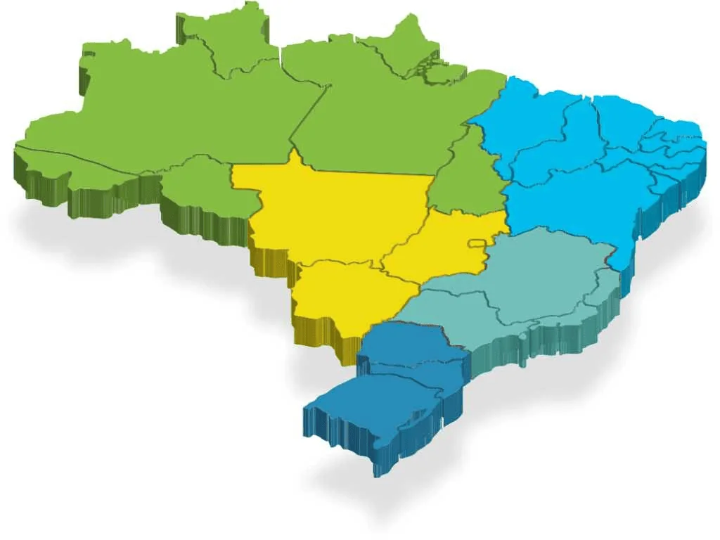 Mapa 3D do Brasil dividido em regiões coloridas (verde, azul e amarelo), representando as áreas de atuação da ONCLICK em todo o território nacional.